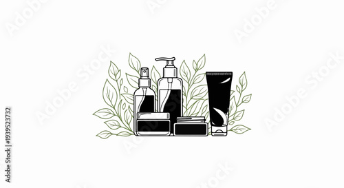 Minimalist illustration of skincare products and leaves