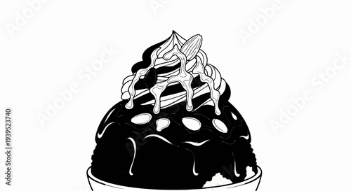 Detailed black and white drawing of a frosted dessert with dripping sauce and nuts