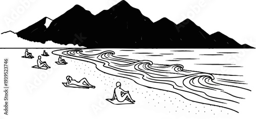 Stylized ink drawing of a tranquil beach scene with mountains in the background
