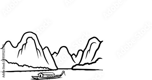 Minimalist ink drawing of a boat on water with karst mountains in background