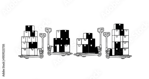Hand pallet trucks transport stacks of black and white boxes