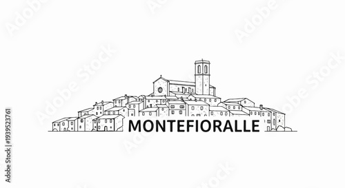 Stylized line drawing of a historic hilltop town with church and text