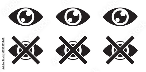 Set of eye icons and crossed out eye icons on white background for privacy and security concepts
