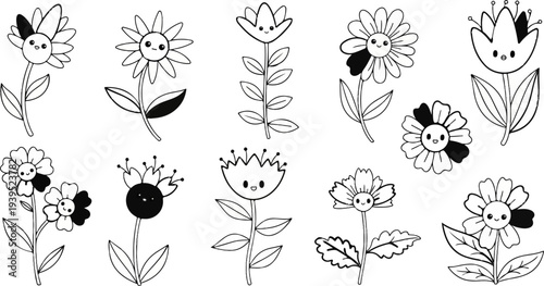 Diverse cartoon flowers with happy faces and distinct petal designs
