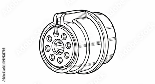 Detailed line drawing of a mechanical cylindrical component with a ribbed exterior
