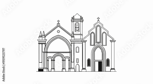Detailed line drawing of a grand, multi-spired church facade with arches
