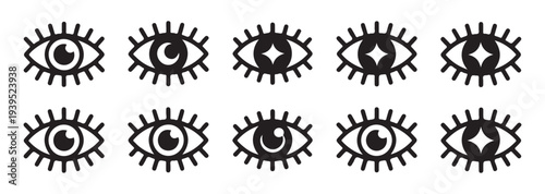 Collection of geometric eye symbols with sparkling star pupils and detailed eyelashes