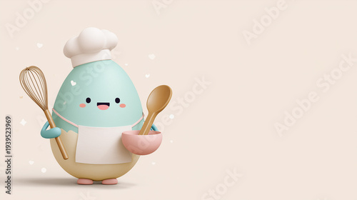 Cute cartoon pastry egg character holding kitchen utensils and smiling.
