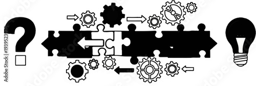 Question mark, puzzle pieces, gears, and lightbulb represent problem-solving