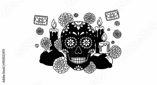 Decorative sugar skull art with candles and flowers for a festive celebration