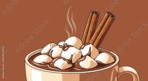 Hot chocolate with marshmallows and cinnamon sticks in vector eps