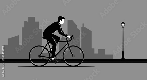 Man riding a bicycle down a city street with buildings, a lamppost, vector eps