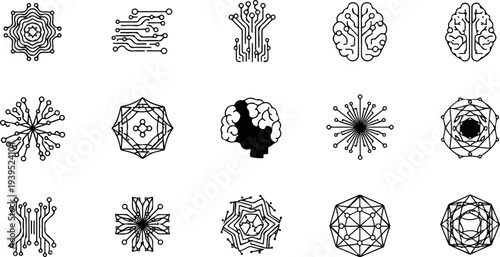 Collection of abstract geometric and brain icons representing technology and intelligence
