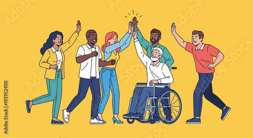 Diverse group of people giving high fives with vector eps illustrations