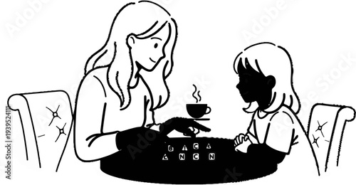 Two people playing a word game at a table with drinks