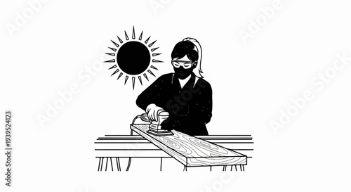 Person sanding wood outdoors under the sun