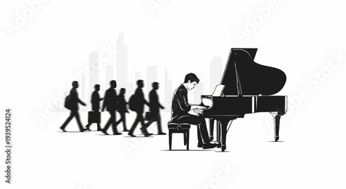 City dwellers stride past a musician playing a grand piano