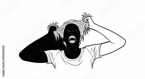 Person screaming in distress, pulling hair, in a black and white illustration style