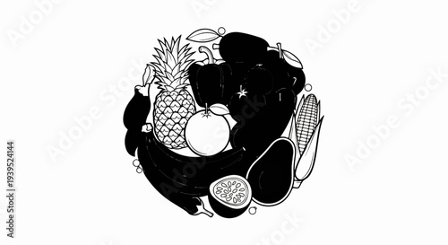 Circle of fruits and vegetables including pineapple, bananas, bell pepper, orange, corn, avocado