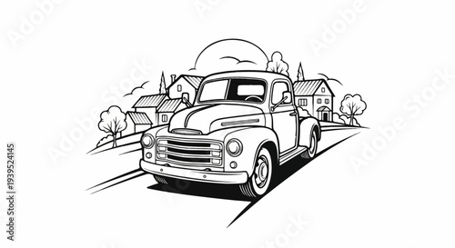 Vintage pickup truck driving through a rural village scene