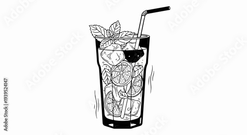 Refreshing drink with ice, fruit slices, mint, and straw