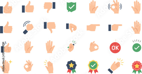 Hand Gesture Icon Set with Thumbs Up, OK Sign, Pointing, Clapping and Approval Symbols for Communication Vector Illustration