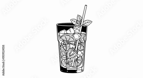 Refreshing glass of iced beverage with citrus slices, strawberries, and mint