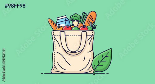 Grocery bag full of fresh produce, vector eps illustration on green background