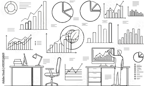 Business charts and graphs showing financial progress and office setup