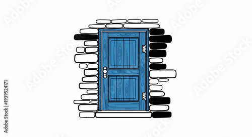 Blue wooden door set in a rustic, uneven stone wall
