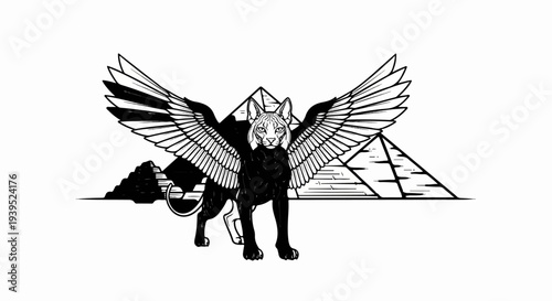 Winged feline creature with Egyptian pyramids in the background