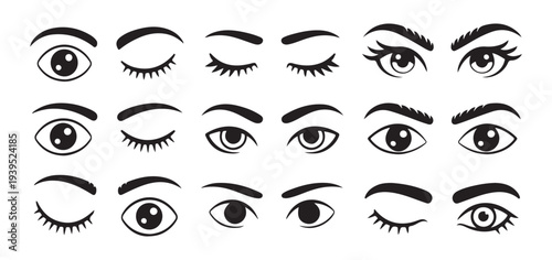 Manga style female eye expressions collection including winking plus blinking eyes with various eyebrows