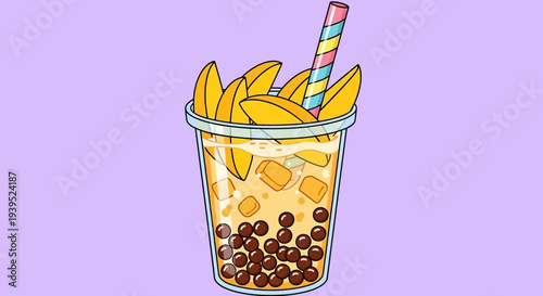 Vector eps illustration of a mango bubble tea drink with straw