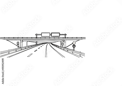 Wireframe sketch of a highway overpass with directional signs and lane markings