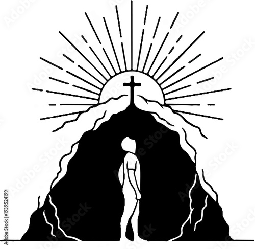 Silhouette exits cave towards cross silhouetted on sun-drenched mountain