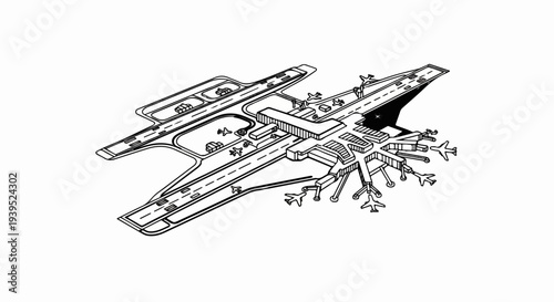 Stylized airport illustration with planes, runways, and terminal buildings