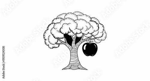 Black and white drawing of a stylized tree with one ripe apple