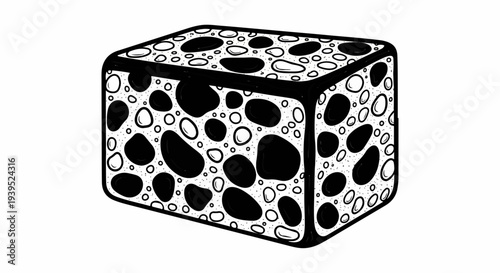 Black and white drawing of a porous cube with rounded edges