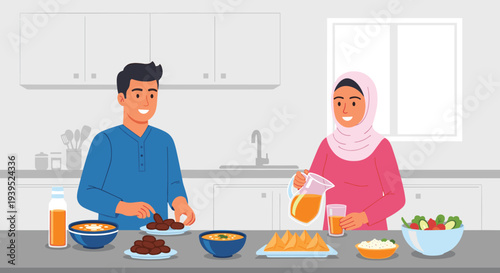 Ramadan Kareem Night Illustration with Mosque, Lanterns, Crescent Moon and Iftar Dates