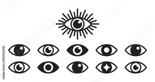 Set of geometric eye symbols and various linear eye icons. black and white eye sign collection