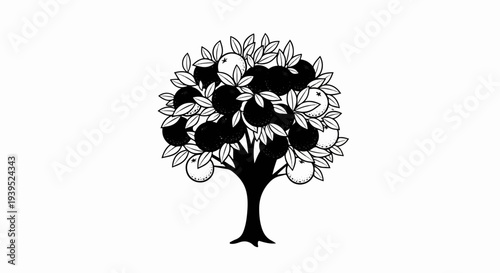Stylized black and white illustration of a fruit tree laden with fruit and leaves