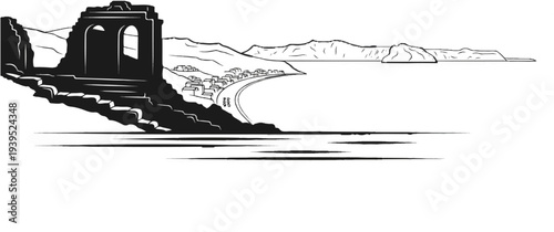 Ancient ruins overlook a coastal town and distant mountains