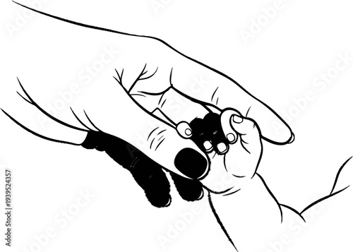 An adult hand tenderly clasps a tiny baby's hand in a loving embrace