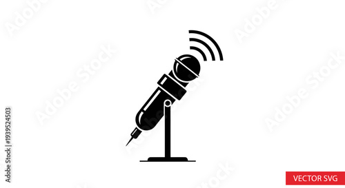 Black microphone icon with broadcast signal waves on white background, vector graphic