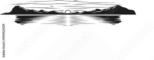 Stylized mountain range silhouette reflected on a calm body of water