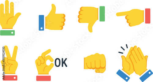 Hand Gesture Icon Set with Thumbs Up, Thumbs Down, OK Sign, Victory, Pointing and Clapping Hands Vector Illustration