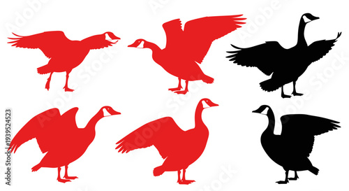 Canada Goose Silhouettes - Red and Black Flying and Standing Poses