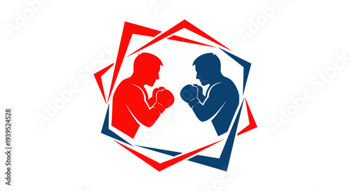 Boxing Match Silhouette Icon: Red vs Blue Fighters in Geometric Frame