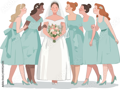 Wedding party illustration, featuring the bride and bridesmaids dressed in mint green gowns