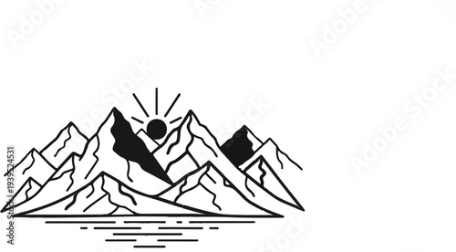 Stylized mountain range with sun rising over peaks and water reflection